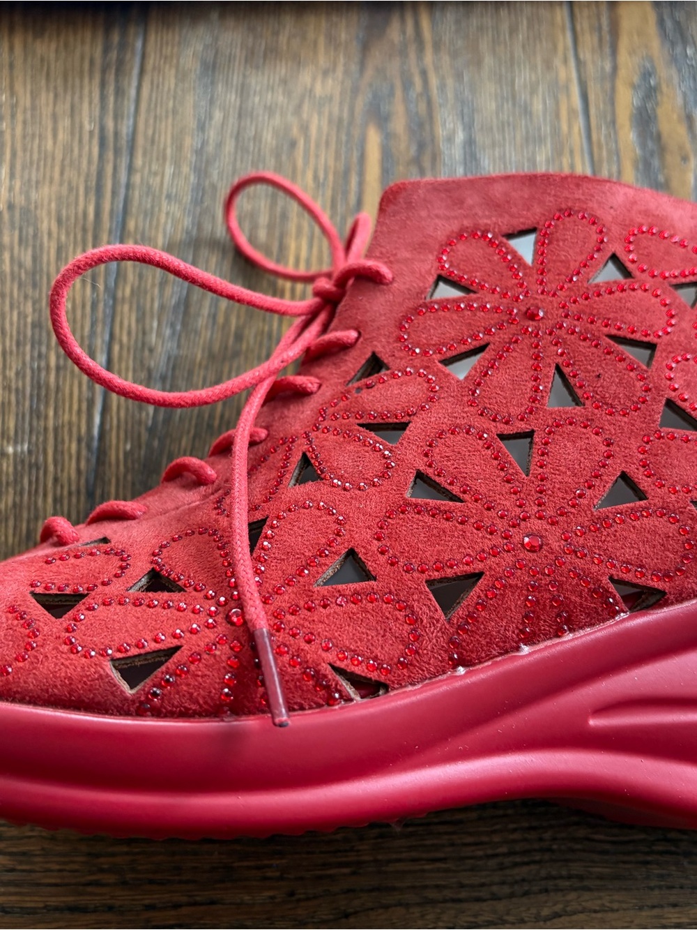 Red Floral Cutout Lace-Up Women's Bootie